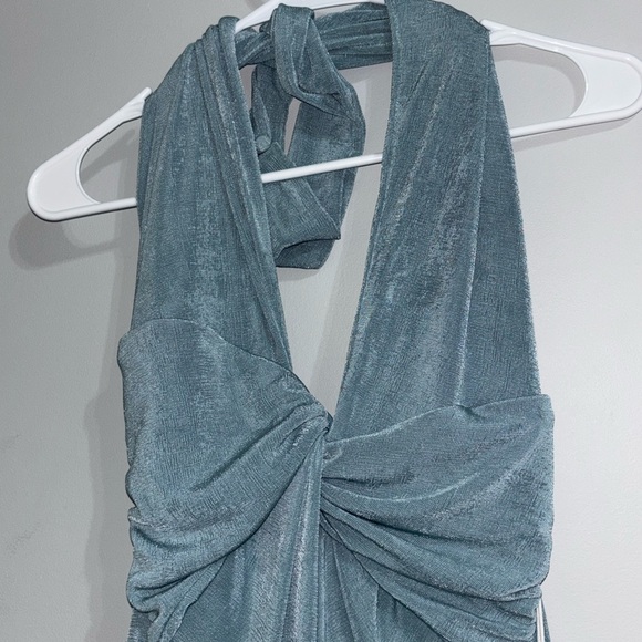 Luxxel Dusty Blue Halter Twist Prom Dress - Picture 2 of 8